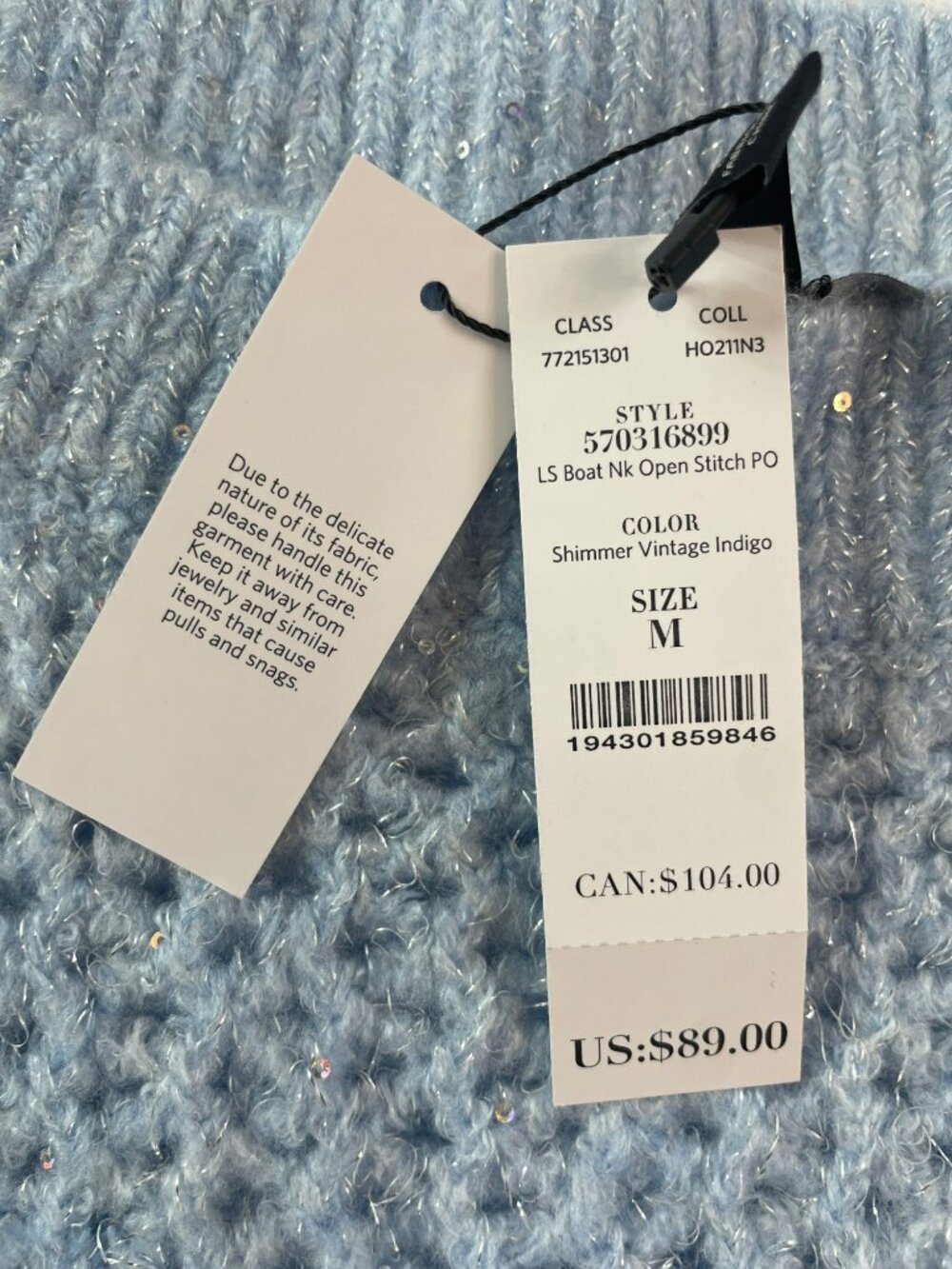 White House Black Market Shimmer Open Stitch Sweater Boat Neck Blue Women's Sz M - Picture 6 of 7